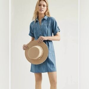 Anthropologie Rilke Blue Lace Trimmed Belted Short Sleeved Shirt Dress